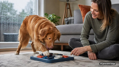 A happy dog enjoying indoor enrichment during bad weather
