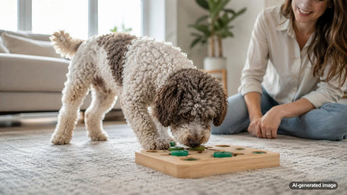 Dog enjoying indoor enrichment play at home with boredom-busting toys and treats