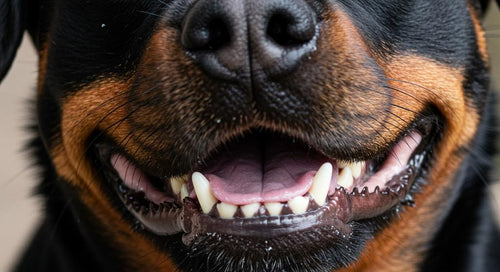 A happy dog showing clean teeth after using Woof's dental care products