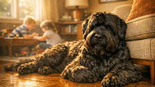Black Russian Terrier standing proudly, showcasing the powerful yet gentle family guardian breed