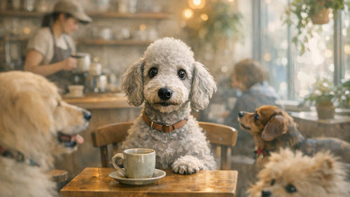 Dogs socializing in a dog cafe environment with toys and calm enrichment options