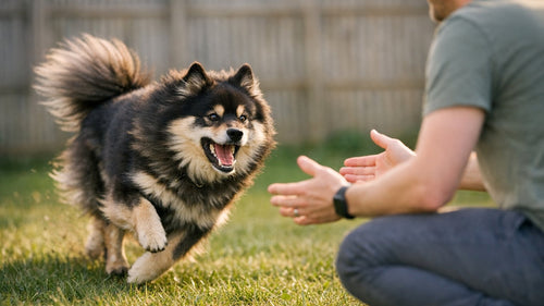 Dog owner practicing emergency recall training with a playful and positive approach