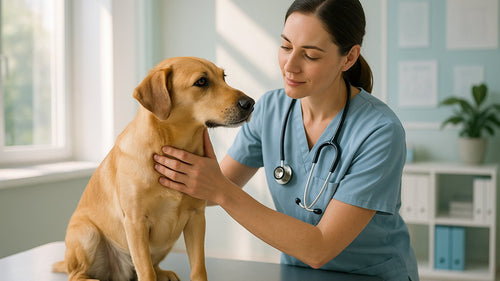 A happy dog at a veterinary clinic during a routine check-up