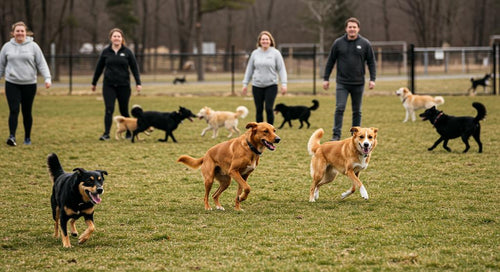 A happy dog playing with other dogs at a park