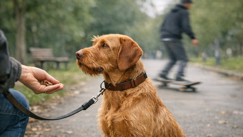 Dog calmly observing surroundings while practicing the Look at That game for reactive dogs