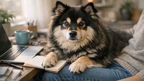 Dog placing a paw on owner's lap to demand attention in a cozy home setting