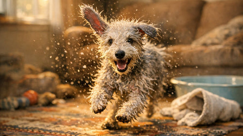 Happy dog zooming around the house after a bath during post-bath crazies