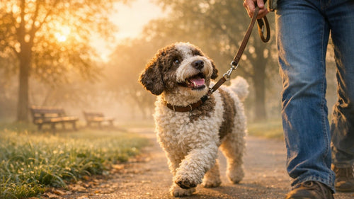Dog and owner enjoying a calm daily walk together highlighting the psychological benefits of routine for both human and dog