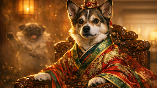 A playful pug representing the journey from Chinese royalty to modern-day clown