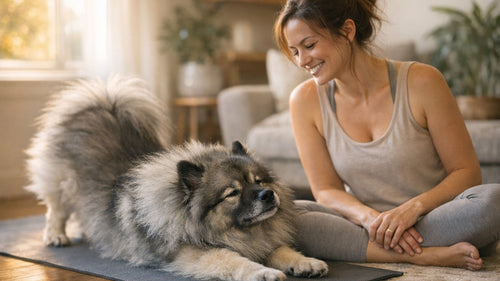 Dog relaxing on a yoga mat during a calm Doga session with owner