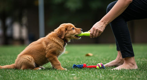 Puppy playing with a toy during training session