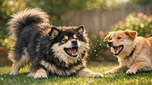 Dog playfully sneezing during a fun play session, showing friendly canine body language