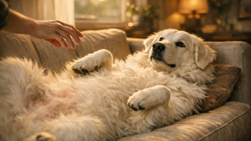 Happy dog lying on its back enjoying a belly rub