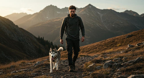 Happy dog hiking on a mountain trail with gear and treats