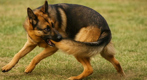 Dog exhibiting compulsive behavior by chasing its tail in a grassy yard