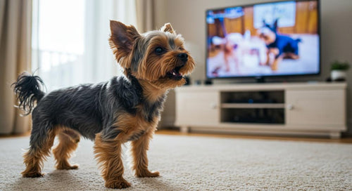 Dog barking at television screen showing another dog