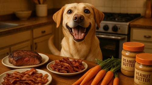 A happy dog enjoying a variety of safe and tasty treats