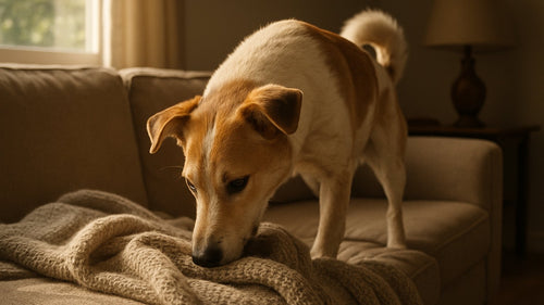 Dog peacefully nooking a soft blanket at home