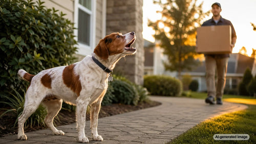 Dog watching a person carry a large object while practicing calm behavior with its owner