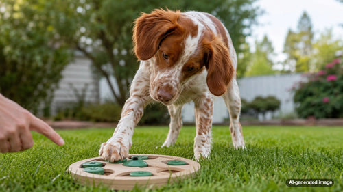 Dog learning to use a puzzle toy with treats during a supervised enrichment session