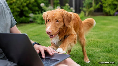 Dog seeking attention from its owner while the owner works on a laptop