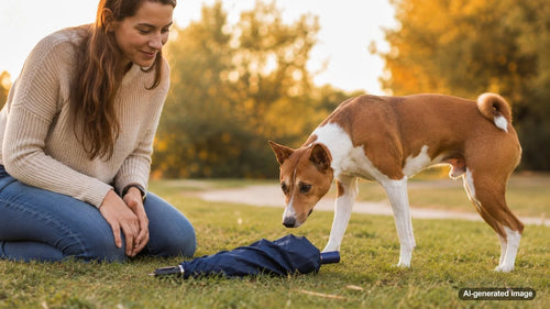 Dog cautiously investigating a new unfamiliar object while building confidence