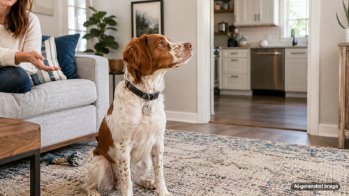 Dog looking attentively at owner in a home kitchen during a positive training session
