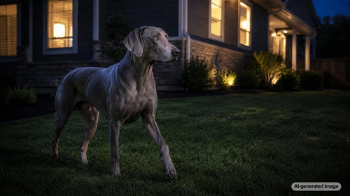 Dog walking through a quiet house at night while its owner observes the nighttime patrolling behavior