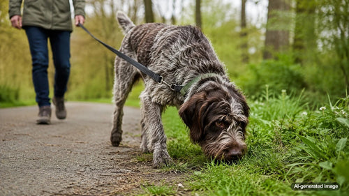 Curious dog stopping to sniff along a neighborhood walking trail