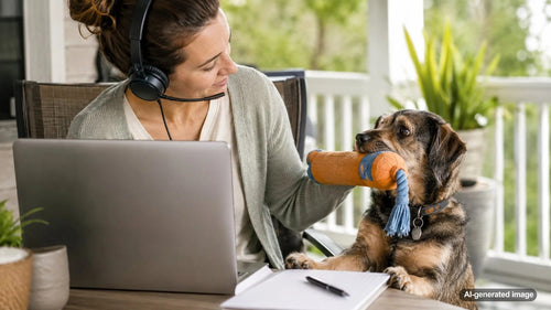 Dog bringing a toy to a pet parent during a work call at home