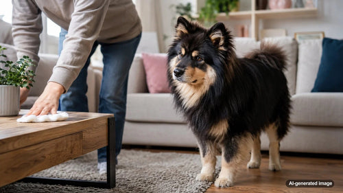 Curious dog calmly supervising a household chore from a safe spot nearby