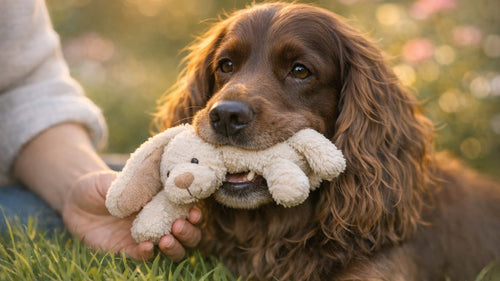 Field Spaniel training with gentle persuasion and soft mouth techniques using Woof enrichment toys
