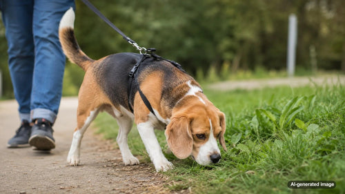 Beagle enjoying a slow sniff walk and exploring scents outdoors