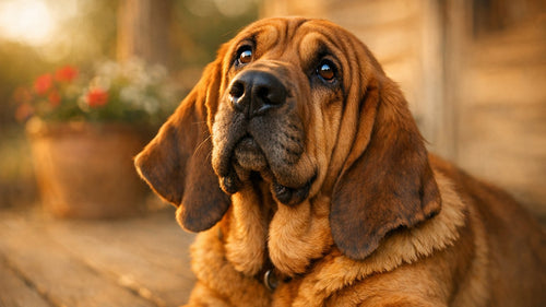 A wrinkly Bloodhound showcasing saggy skin and long ears that help with scent tracking
