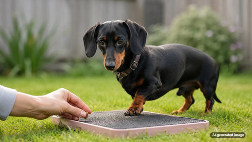 Dachshund enjoying a low-impact confidence game with enrichment toys instead of running stairs