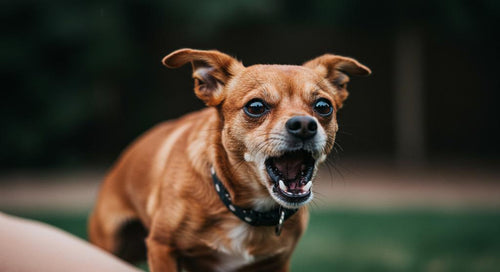 A dog barking in a backyard with a concerned owner nearby