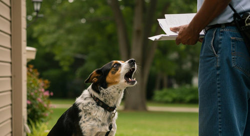 Dog barking at mailman approaching the house