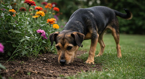 Dog circling in the grass before pooping on a sunny day