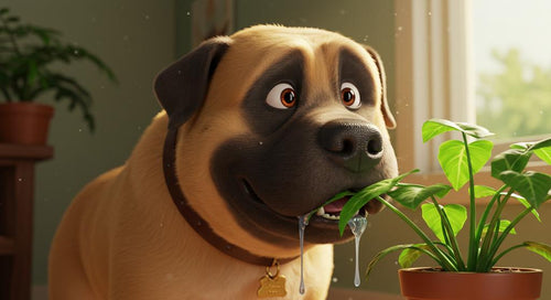 Dog chewing on a houseplant