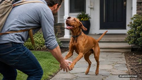 Happy dog excitedly greeting their owner at home