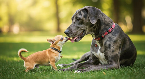 Two dogs licking each other's faces in a display of affection