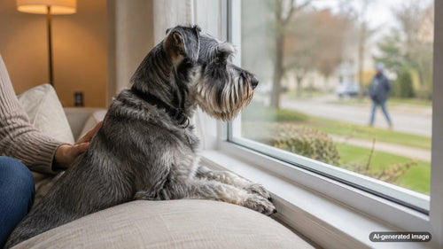 Dog calmly watching people pass by through a bright home window