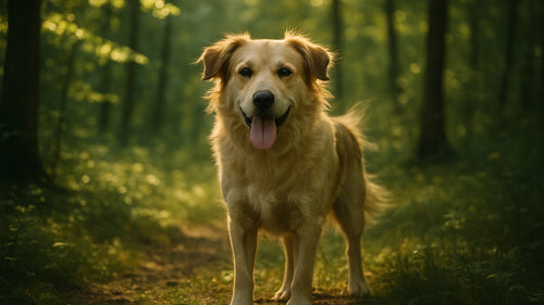 Dog panting with tongue out in warm light