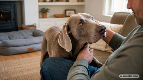 A happy dog bonding with a favorite person at home during a calm daily routine