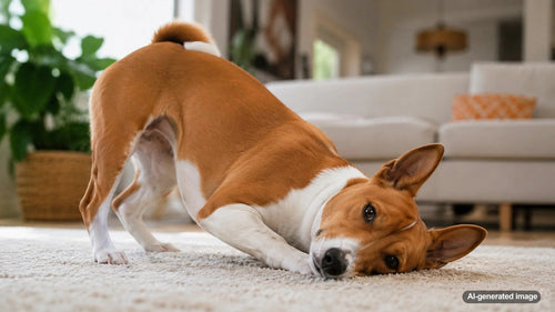 Dog rubbing its face on the carpet at home