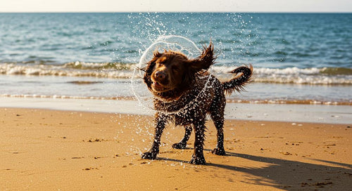 A dog shaking off water after a bath, looking happy and refreshed.