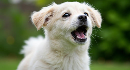 A curious dog barking gently at a visitor, head tilted, alert and expressive
