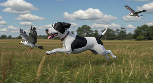 A dog playfully chasing birds in a sunny park