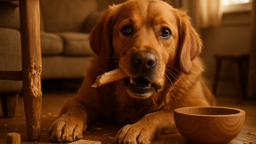 Dog chewing on wood