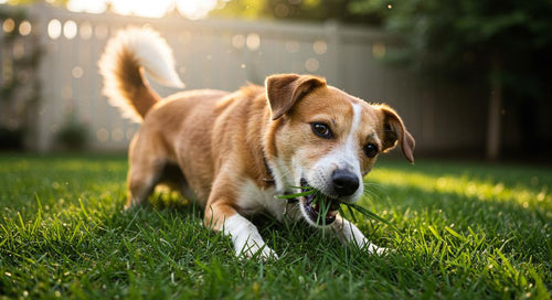 Dog eating grass in a sunny field